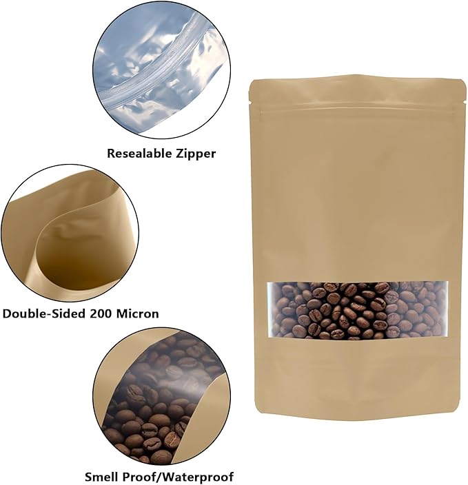 100PCS Foil Pouch Mylar Bags with Clear Window,ULIFESTAR Stand Up Sealable Bags with Tear Notches,Resealable for Food,Party Favors,Gift Packaging and Small Business(10 * 15cm/3.94 * 5.91",Gold)