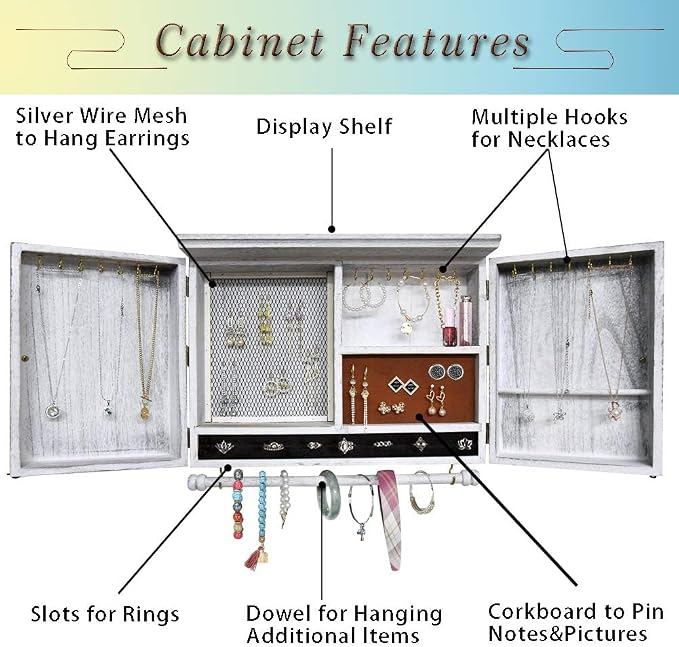 GLANT Rustic Wall Mounted Jewelry Organizer with Wooden Barndoor Decor,Wooden Wall Mount Holder,Jewelry holder for Necklaces, Earings, Bracelets, Ring Holder. Includes matching hook organizer