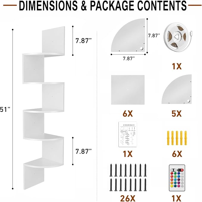 HAAYOT Corner Shelf Wall Mounted: 5-Tier Floating Shelves with Lights for Living Room, Bedroom, Home Office, Cloud White