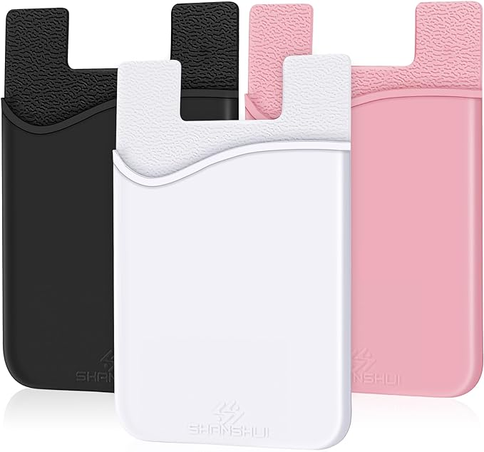 SHANSHUI Cell Phone Wallet, 3 PCS Strong Adhesive Card Sleeve Silicone Card Pouch Stick on Phone Compatible for iPhone/Samsung Galaxy/Sony/Huawei and Most Smart Phones - Black White Pink