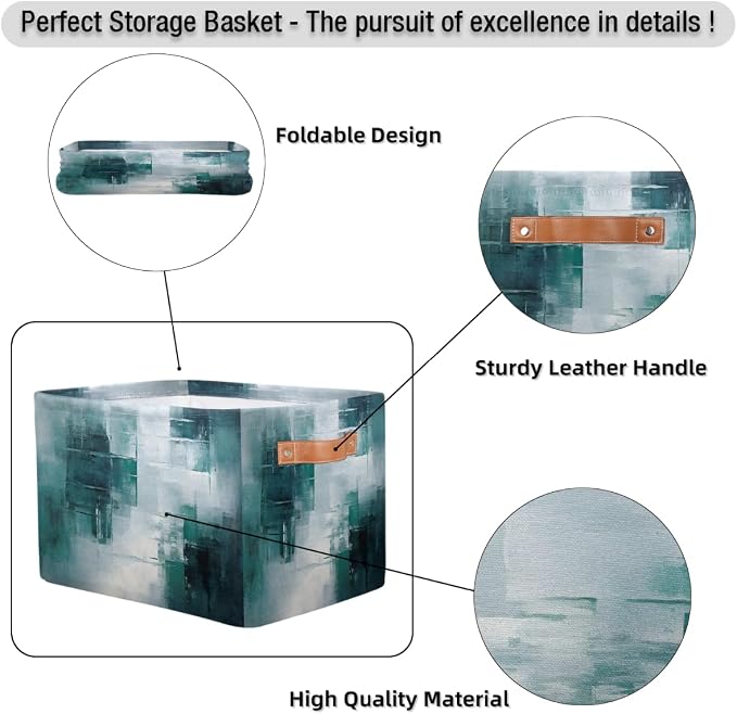 Rectangle Storage Baskets for Shelves, Abstract Teal Gray Texture Storage Cube Organizer Bins Collapsible Toy Basket for Nursery Home Room