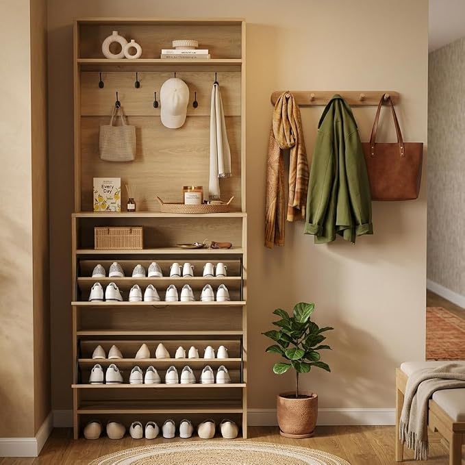 Garvee Shoe Cabinet with 2 Flip Drawers, 2-in-1 Hall Tree Shoe Storage Cabinet with Adjustable Shelf, Hidden Shoes Rack with Anti-Tipping Kit, Freestanding Shoes Rack for Entryway Hallway