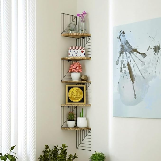 Love-KANKEI Corner Wall Shelf 5 Tier,Solid Wood,51" Tall,Carbonized Black | Easy to Install,Leaf-Shaped Floating Wall Shelves,Capacity 44 Lbs,For Bedroom Living Room Bathroom Kitchen Office,Display
