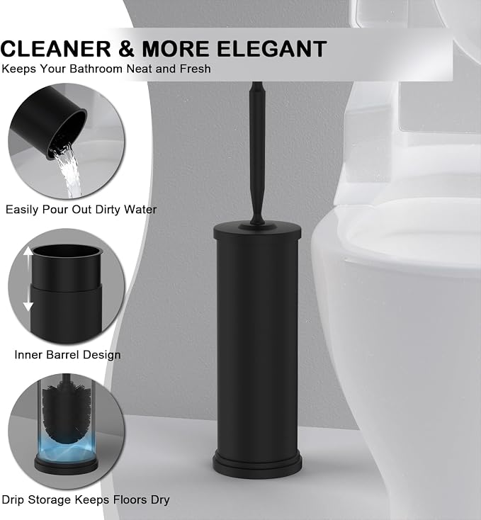 Stainless Steel Toilet Brush and Holder Set : Weighted Stable Base, Removable Inner Tube.Long Handle Toilet Bowl Brush Splash-Proof Design for Deep Cleaning & Space-Saving Storage,Black