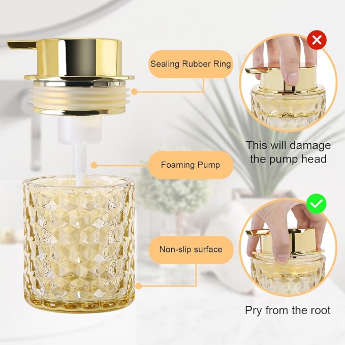 10 Oz Glass Hand Soap Dispenser with Pump, Refillable Bathroom Gold Foaming Soap Dispenser, Vintage Glass Diamond Lotion Container Bottle for Bathroom and Kitchen (1, Amber and Gold)