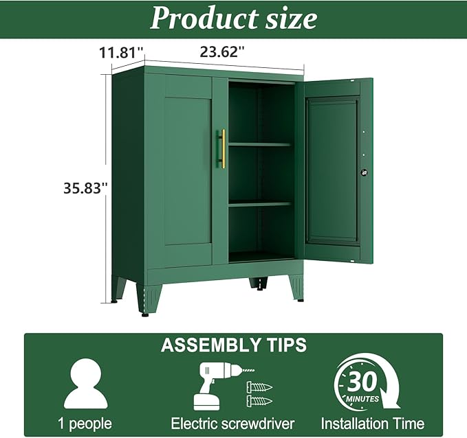 Green Metal Storage Cabinet, 36" Tall Locking Storage Cabinet with 2 Adjustable Shelves, Steel Locker Organizer, for Office, Home, School, 11.81" D x 23.62" W x 35.83" H, 2PS