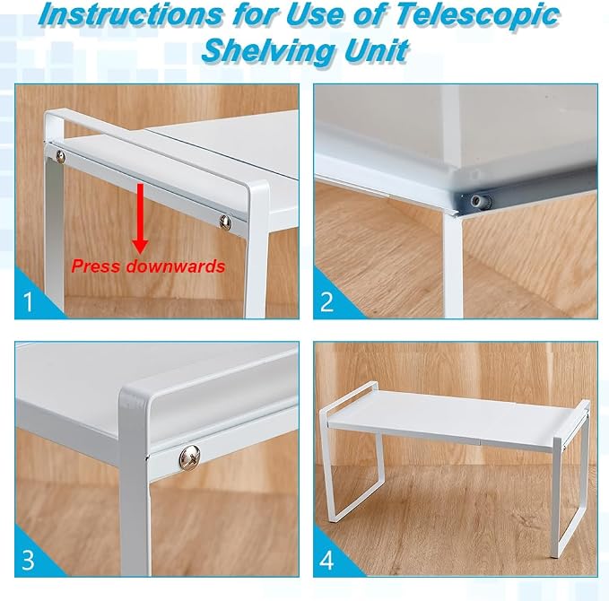 AHANDMAKER Adjustable Pantry Organizers Shelf Expandable 13.78 to 25.59inch Stackable Alloy Freestanding Storage Cabinet Organizer for Under Sink Countertop Home Storage, White