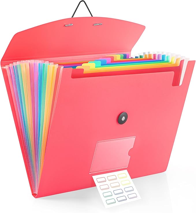 13 Pocket Accordion File Organizer with Elastic Closure, Expanding File Folder for Letter Size A4 Papers, Ideal for Home, Office Supplies, College Essentials - Pink