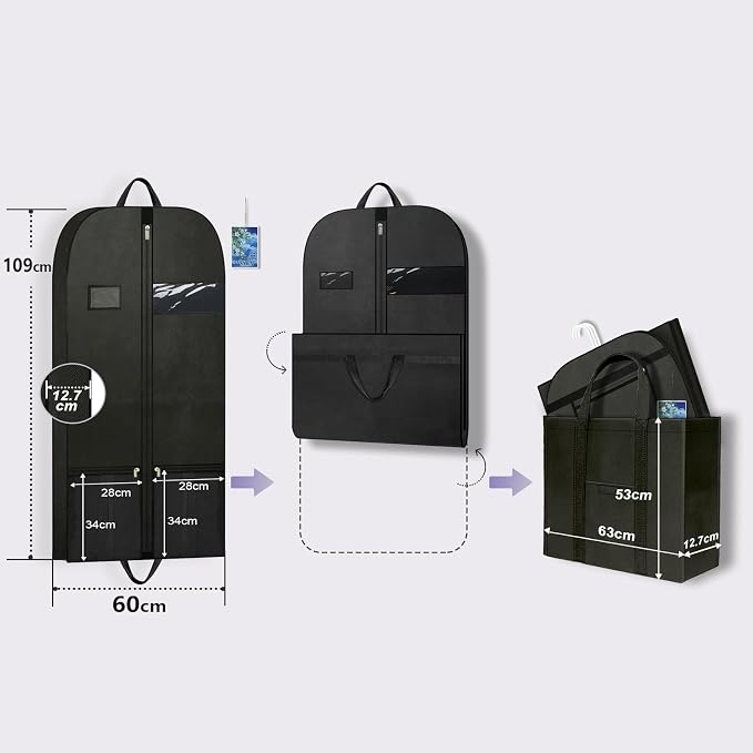43" Garment Bags 2 Pack, Hanging Suit Covers for Closet Storage and Travel | Two garment covers with pockets, sturdy handles and zippers for organizing suits, dresses, shirts and everyday clothing.