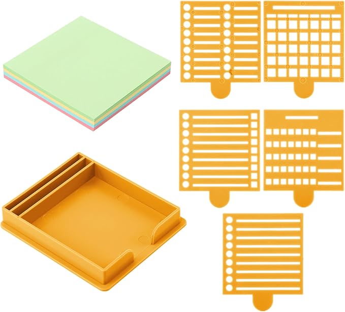 Sticky Note Holder with 5 Different Stencil & 100 Sheet Post It Notes, 3x3 inch Sticky Pads Dispenser with Line Box Drawing Template for Office and Home(COLOR:yellow)