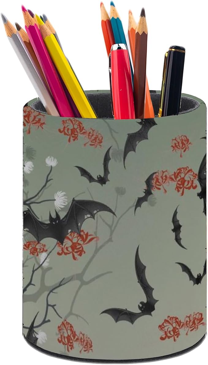 Bats Flowers Pen Holder Pencil Cup for Desk Organizer | Cute Makeup Brush Holder PU Multifunctional Office Suppliesfor Decor Home Classroom School