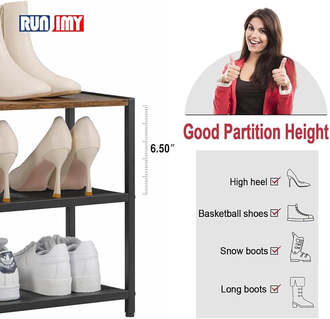 Small Narrow Shoe Rack for Entryway, 3-Tier Metal Wood Shoe Shelf | Shoe Storage Organizer, Holds 6 Pairs, Wooden Table Top, Mesh Shelves, for Front Door Entrance Closet Floor Hallway Bedroom