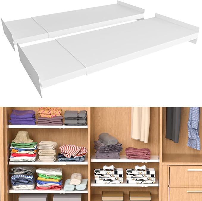 Slideep Adjustable Closet Storage Shelves, Expandable Wardrobe Shelf with Seamless Sticker Heavy Duty Clothes Hanger Rack DIY Divider RV Separator for Cabinet Pantry Cupboard Kitchen, 2Pack