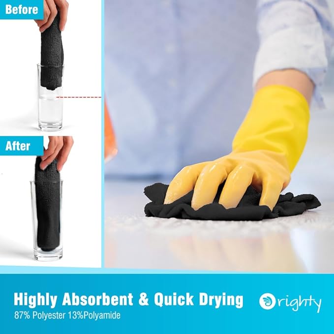 Orighty Black Microfiber Cleaning Cloth, 24 Pack Highly Absorbent Cleaning Rags, Microfiber Towels for Cars, Household Cleaning Supplies, Reusable Lint Free Cloths for House, Kitchen, 12 x12 inch
