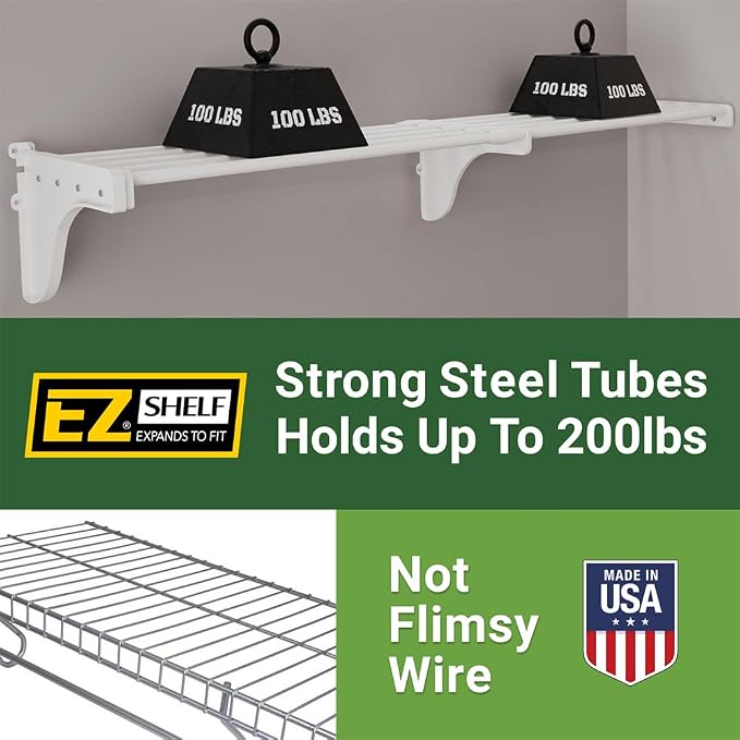 EZ Shelf-Expandable-Closet Shelf (NO Hanging Rod)- 19.5” to 29” -White-Easy Install to Backwall(Floating)-Wire Closet Shelving Alternative-(EZS-SW27-1-2)