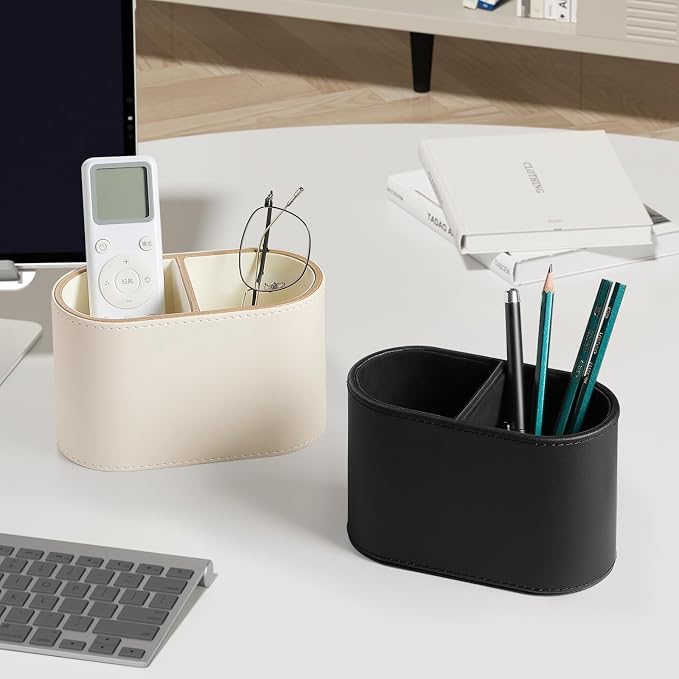 Pen Holder for Desk, Small Remote Control Holder, Black | 2-Compartment Oval Pencil Cup with Soft Velvet Lining, PU Leather Desktop Organizer Caddy for Home School Office Desk