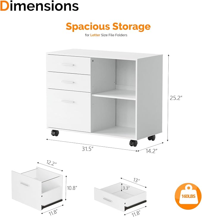 VINGLI 3 Drawer Wood Lateral File Cabinet with Adjustable Shelves & Locking Wheels, Printer Stand with Drawers for Letter Size Files, Sturdy White File Cabinets for Home Office, Study & Business