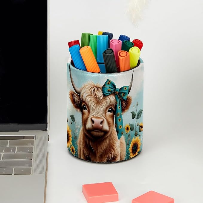 Faux Leather Pen Holder for Desk, Pencil Organizer Highland Cow Sunflower Pen Cup Desk Decor Makeup Brush Holder Storage for Office Home