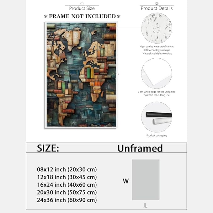 World Map Book Adventure Vintage Library Art Aesthetic Poster Canvas Wall Art Decoration Living Room Home Decor Bedroom Decoration Poster Unframed16x24inch