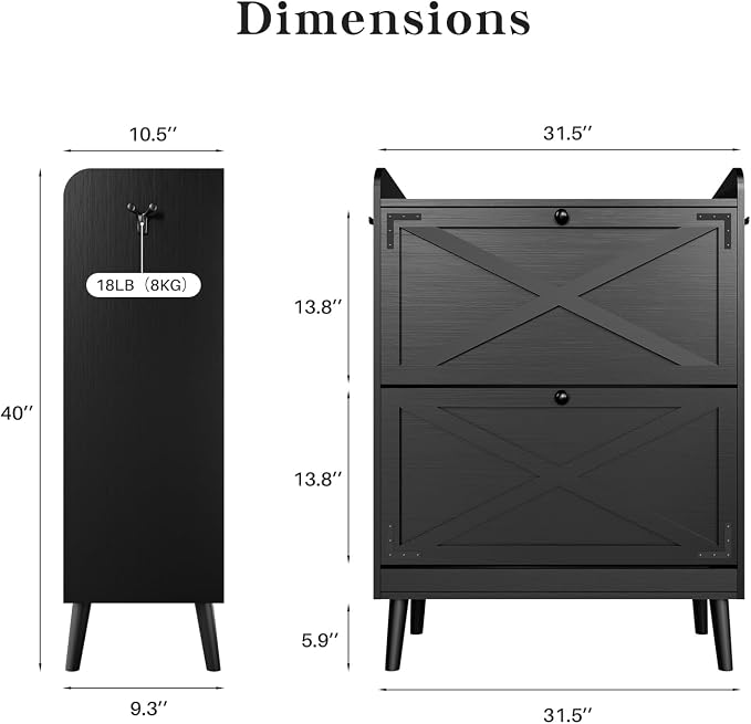 Shoe Storage Cabinet with 2 Flip Drawers & Adjustable Shelves, Freestanding Shoe Cabinet with Side Hooks Narrow Shoe Rack Cabinet for Entryway,Black