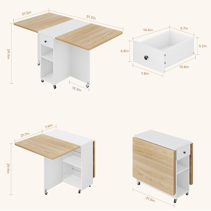 Jocoevol Folding Dining Table for Small Spaces, Foldable Kitchen Table with Drawer, 2-Tier Storage Shelf & Wheels, Space Saving Dining Table for 2 4, Farmhouse, Natural