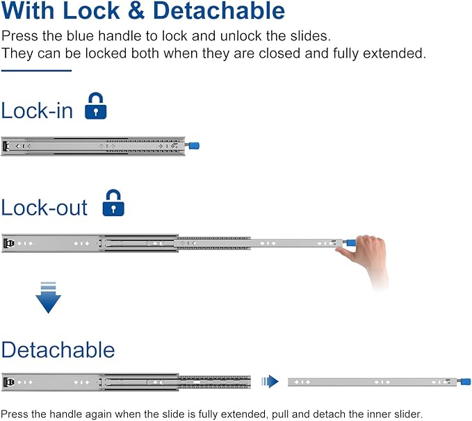 VADANIA #D53 48" Heavy Duty Locking Drawer Slide with Lock, 1-Pair | 2" Width, Up to 125lb Load Capacity, 3-Fold Full Extension, Detachable Lock-in & Lock-Out, Side Mount