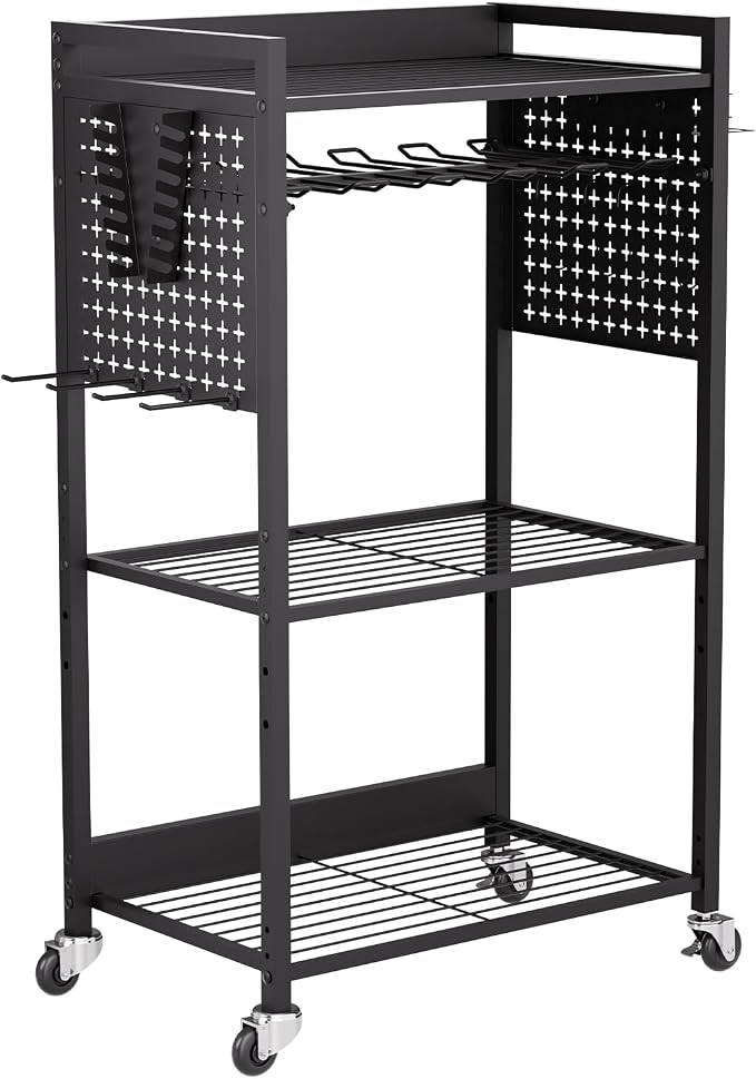 VEVOR 4-Tier Tool Organizer Cart, 150 lbs Load Capacity, Floor Stand Rolling Drill Holder and Stability Storage Rack, Heavy Duty Garage Floor Rolling Storage Cart for Workshop, Garage, Black