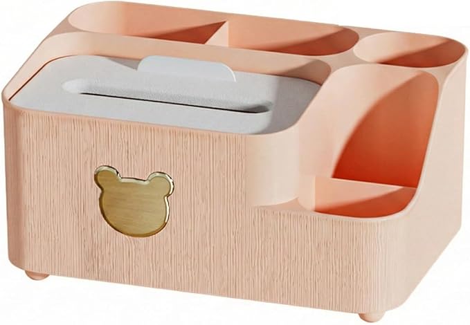 COVRA 9.5 x 6.6 x 4.7 inches Desk Organizer with Tissue Box Holder - Multifunctional Desktop Storage Caddy with Pen Holder, Cute Bear Design - Plastic (Pink)
