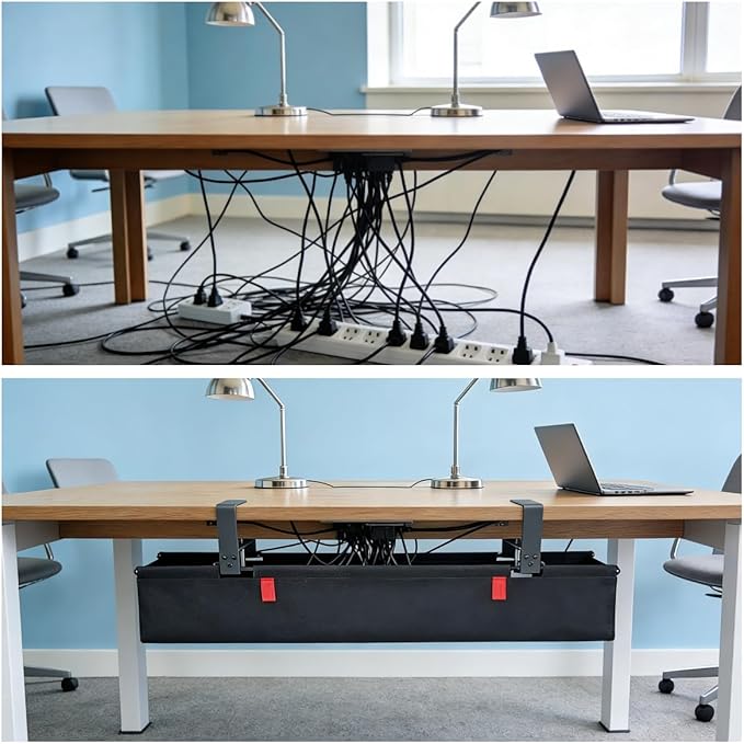 [Upgraded] Under Desk Cable Management, 28" Cord Organizer, with Silicone Pads (No Scratch!), 16 Cable Ties, Washable PE Honeycomb Base,Fits Any Desk 0-2.1", No Stinky Cardboard!Beige28"L x 6"W