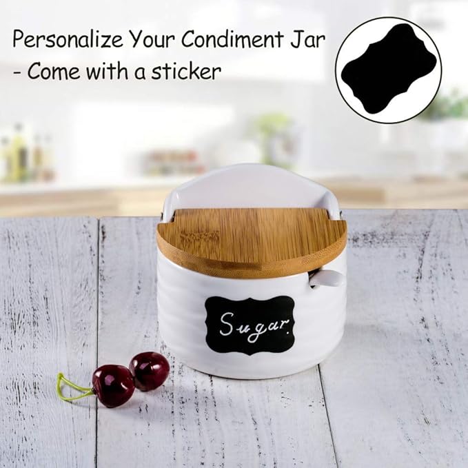 Ceramic Sugar Bowl with Bamboo Lids and Spoons Serving Tray, Porcelain Sugar Container for Sugar Tea Coffee Spice,Salt Condiment with Chalkboard Labels for Home Kitchen,9.1 fl oz 270 ML