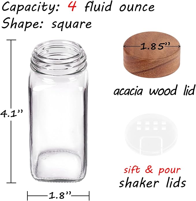 Churboro 24 Pack 4oz Glass Spice Jars with 547 Labels, Acacia Wood Lids | Empty Square Spice Bottles with Acacia Wood lids, Labels, Funnel & Chalk Pen. Keep Seasoning Containers Neat and Organized
