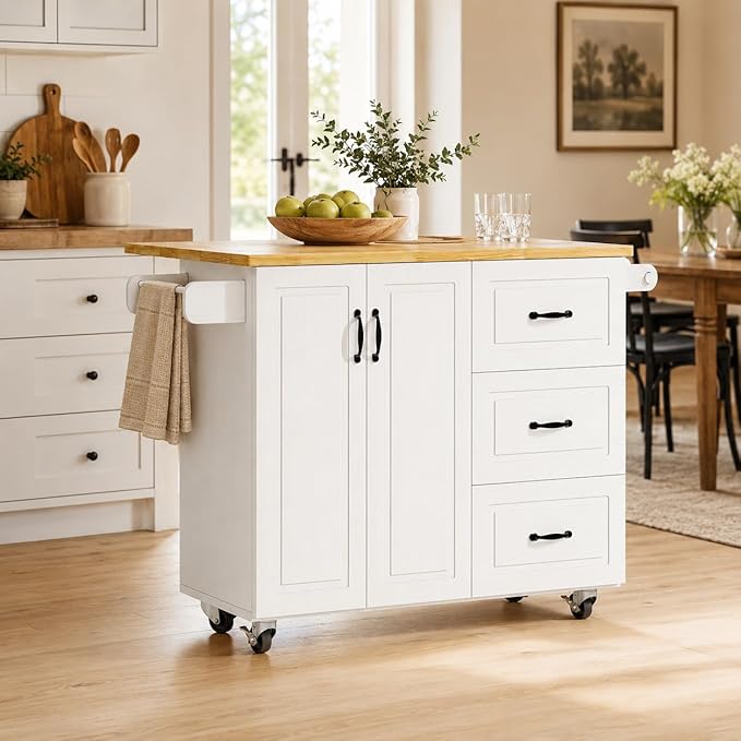 4 EVER WINNER 43" Modern Farmhouse Kitchen Island Cart with Drop Leaf, 3 Drawers, Adjustable Shelf, Spice Rack & Towel Rack, Rolling Kitchen Island for Small Kitchen & Dining Room, White