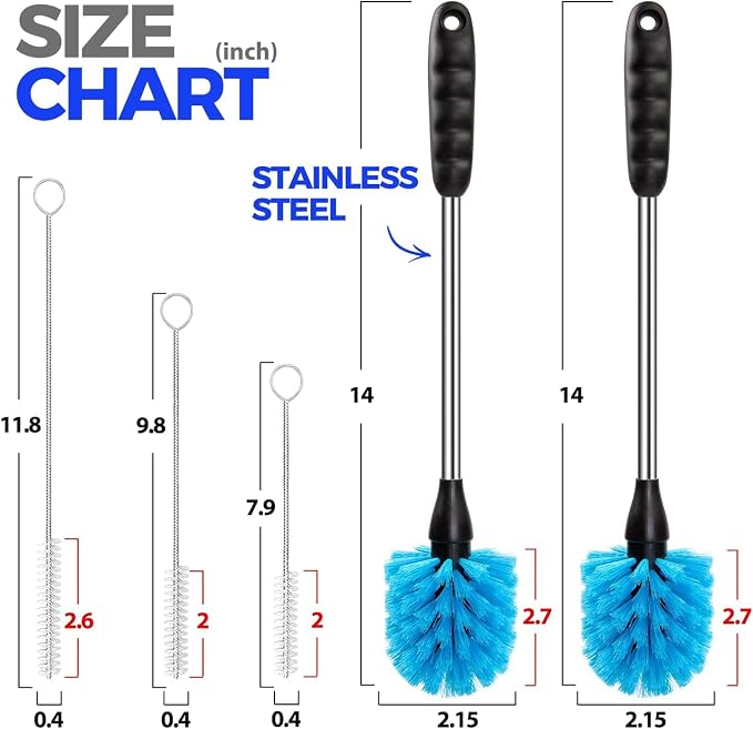 Holikme 5 Pack Bottle Brush 14" Stainless Steel Straw Cleaner Brush,Blue | 14" Long Handle Stainless Steel Bottle Cleaner Brush, 3 Straw Brushes, Bottle Cleaning Brush for Water Bottle Cups Baby