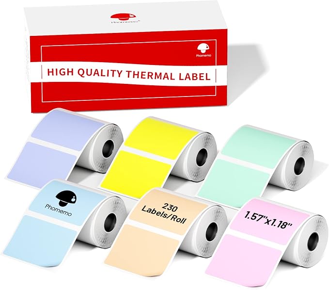 Phomemo Sticker Labels 1.57"x1.18"(40x30mm) 6 Rolls, for M110/M110S/M120/M200/M220 Printer - Pink/Blue/Khaki/Green/Yellow/Purple, for Small Business, Home, Office, Total of 1380 PCS