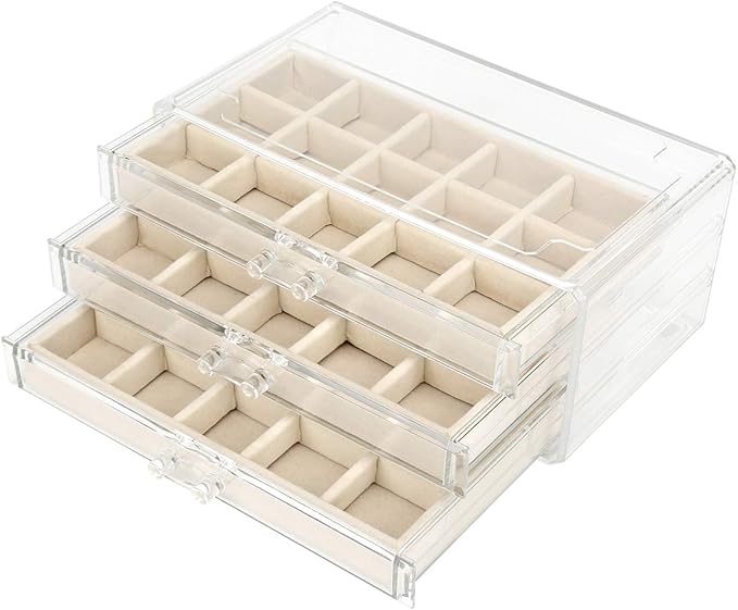 FEISCON Acrylic Jewelry Organizer Makeup Cosmetic Storage Organizer box | Storage Organizer box Clear Jewelry Case with 3 Drawers Adjustable Jewelry Box Velvet Trays grid size