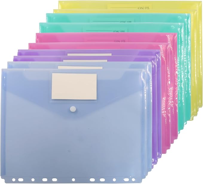 10 Pcs Plastic Envelopes A4 Letter Size | Plastic File Folders, Document Organizer with Label Pocket, 11 Ring Binder Pocket, Waterproof, School Office Home Supplies