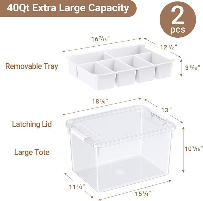 80Qt Large Stackable Storage Bins with Lids & Trays, Clear Plastic Latching Boxes Organizers with Dividers Portable 20Gal Containers for Arts & Crafts, Home and Car Trunk Organization, 2Pack