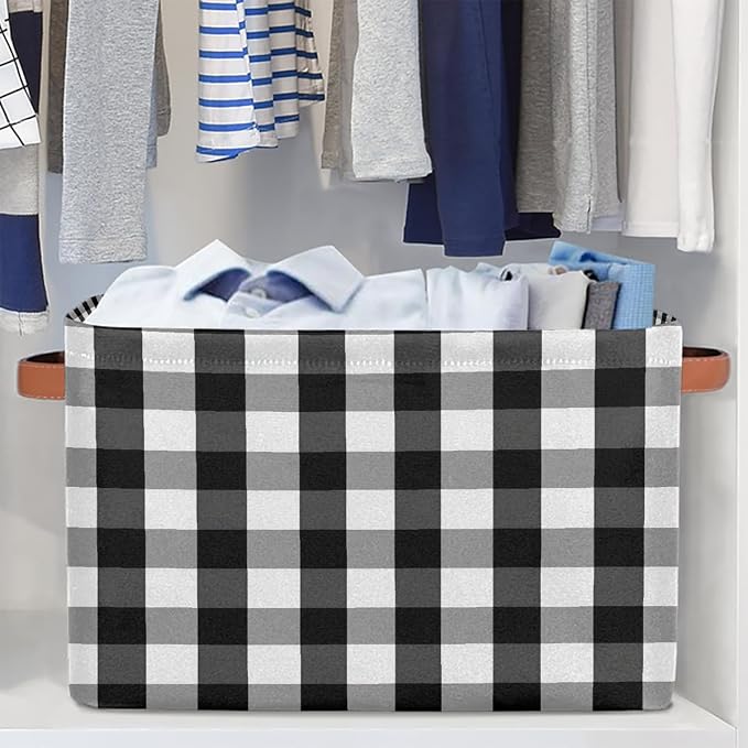 Rectangular Storage Bins Black White Gray Check Plaid Collapsible Fabric Storage Basket Organizer with Handles for Nursery Bedroom Bathroom