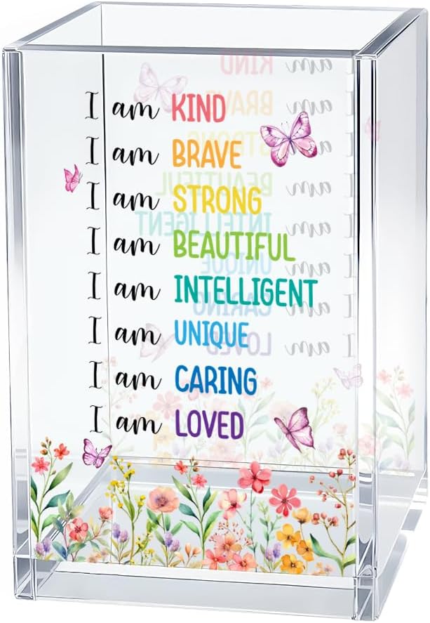 I Am Kind Acrylic Cosmetic Organizer Pen Holder, Inspirational Acrylic Desk Holder Cup for Pen Pencil, Affirmations Desk Organizer for Daughter, Mental Health Gifts for Women Office Worker