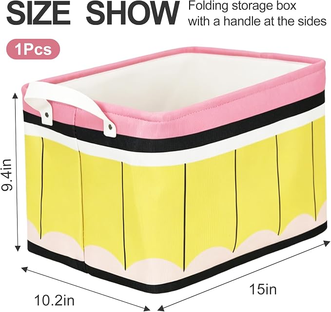 FYSUIMU Back to School Rectangle Collapsible Storage Basket Pencil Open Toy Organizer Bag with Handle 15 x 10.2 x 9.4 Inch Large Laundry Dirty Cloth Storage Bin for Books Bedroom Closet