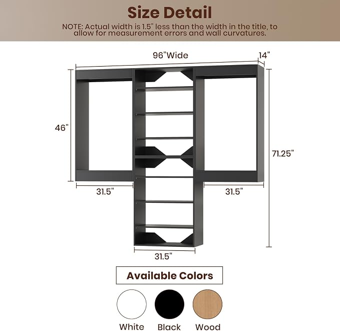 ROOMTEC Modular Closet System, 96" Wall-Mounted Closet Organizer with Hanging Rods and Shelves, Wooden Tower for Walk-In Closets, Wardrobe Storage Kit, Black