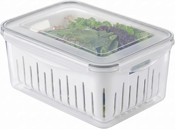 carrotez 16.9 Cup Produce Saver Container for Fridge with Colander 4.0L | Airtight Fruit & Vegetable Storage Bin, Removable Strainer Basket, BPA-Free, Stackable, White Colander