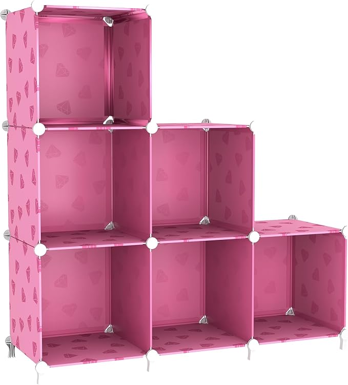 UNKU Cube Storage Organizer, 6 Cube Closet Organizer Storage Shelves, DIY Stackable Bookcase, Clothes Organizer Shelf for Closet, Bedroom, Living Room, Cabinet, Home, Office, Pink