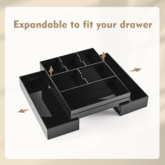 Briwooody 1 Pcs Acrylic Desk Drawer Organizer 9'' up to 18'' x 12'' x 2.1'' Expandable Drawer Organizer Trays with 8 Adjustable Compartments Black Desk Accessories for Makeup Office Bathroom