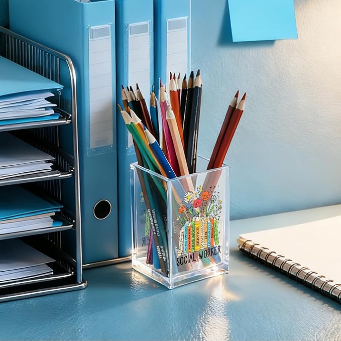 Social Worker Acrylic Cosmetic Pencil Holder Cup, Floral Books Pen Holder for Office Desk Accessories for Social Worker, Social Work Appreciation Gifts, Marker Holder, Funny MSW Thank You Gifts