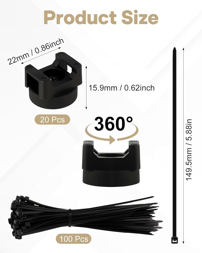 Magnetic Cable Clips Zip Tie Mount Base | 20 Pcs 20mm Magnetic Wire Cable Holders with 100 Pcs Heavy Duty Zip, Multipurpose Cable Ties Management Base for Wire
