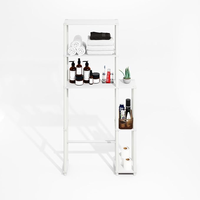 Furinno Turn-N-Tube Over The Toilet Storage, 5-Shelf Over The Toilet Organizer, Freestanding Space Saver Bathroom Shelf, for Bathroom Organizers and Storage, Plain White