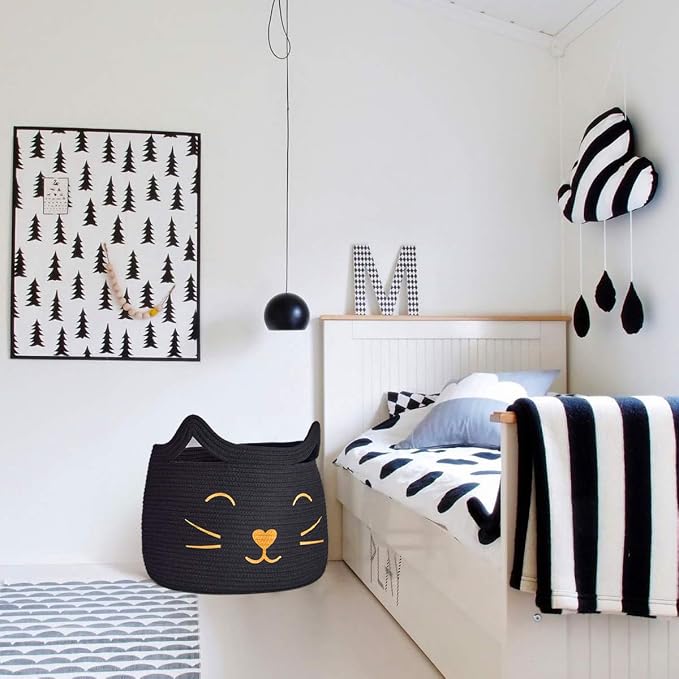 Large Woven Cotton Rope Storage Basket, Baby Laundry Basket Organizer for Toys, Blanket, Clothes, Towels, Gifts | Pet Gift Baskets for Cat, Dog - 15.7" L×11.8" H, Black
