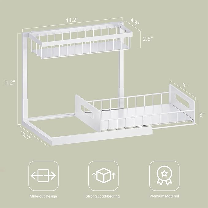 VUSIGN Under Kitchen Sink Organizer 2 Tier, Pull Out Bathroom Sink Organizers and Storage, Cabinet Kitchen Bathroom Storage Organization Shelf, 1 Pack White