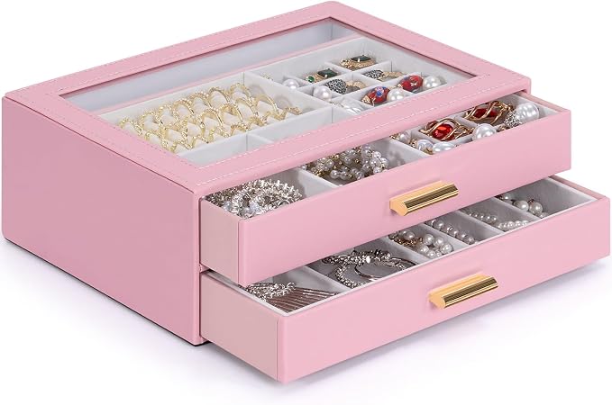 AKOZLIN Jewelry Box with Clear Lid Functional Leather Jewelry Storage Organizer Case 2 Drawers for Women Girls Necklace Ring Bracelet Earring
